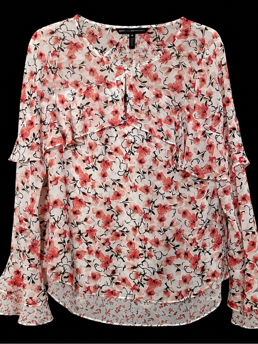 10 White House Black Market Floral Ruffle Long-Sleeve Blouse - White & Pink